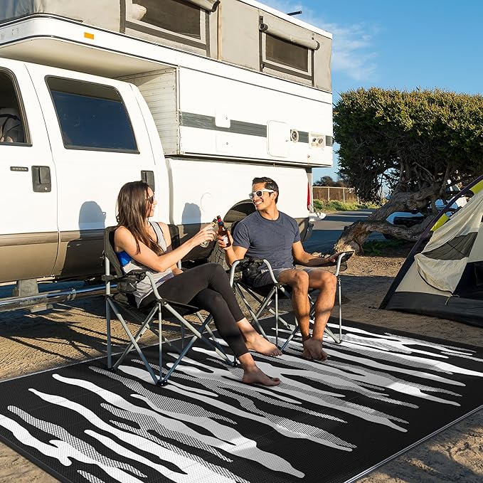 GENIMO Outdoor Rug for Patio Clearance, 8'x10' Waterproof Camping Mat, Reversible Plastic Straw Rugs for RV, Camper, Balcony, Backyard, Picnic, Deck (Black&White)