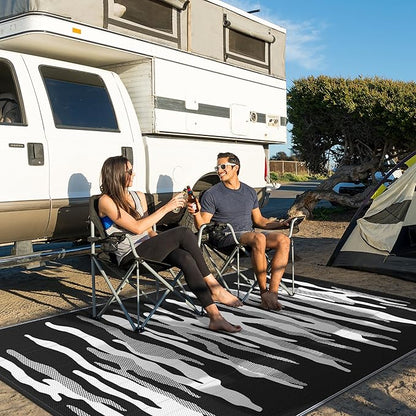 GENIMO Outdoor Rug for Patio Clearance, 8'x10' Waterproof Camping Mat, Reversible Plastic Straw Rugs for RV, Camper, Balcony, Backyard, Picnic, Deck (Black&White)