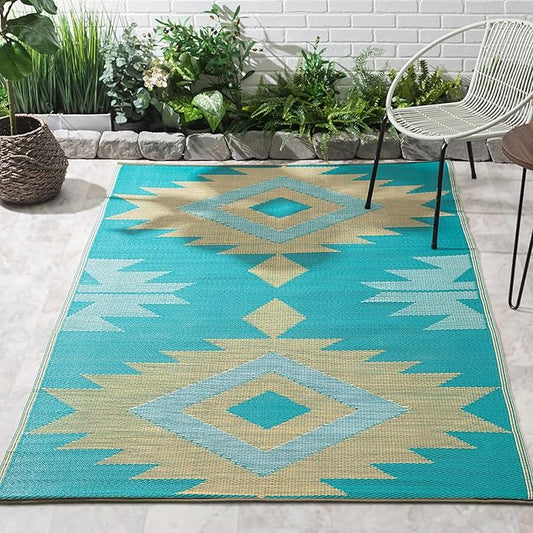 FH Home Outdoor Rug - Waterproof, Fade Resistant, Reversible - Premium Recycled Plastic - Geometric - Patio, Deck, Porch, Balcony - Bursa Kilim - Teal Crease Free - 6 x 9 ft