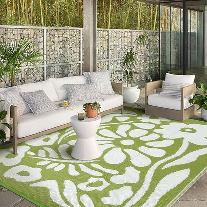Wonnitar Outdoor Rug 8x10,Waterproof Outdoor Rugs for Patios Clearance,Reversible Outside Plastic Straw Carpet,Large Green Abstract Plant Lightweight Mat for Balcony Deck RV (Green Flower, 8'x10')