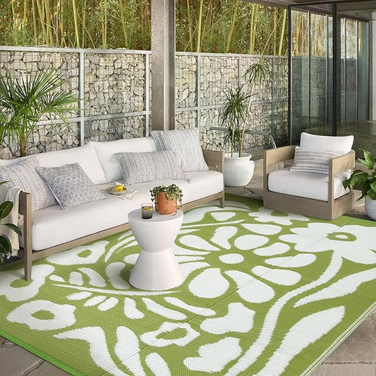 Wonnitar Outdoor Rug 8x10,Waterproof Outdoor Rugs for Patios Clearance,Reversible Outside Plastic Straw Carpet,Large Green Abstract Plant Lightweight Mat for Balcony Deck RV (Green Flower, 8'x10')