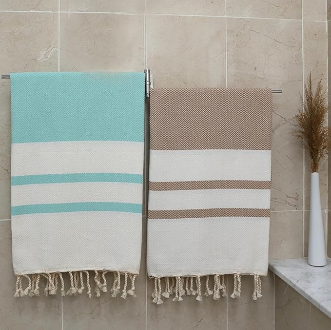 2 Set Oversized Turkish Bath Towel Sheets for Adults XXL Bathroom Extra Large Luxury Cotton Pool Peshtemal Washable Good Texture, Absorbency, Softness (Mint Green and Caramel Beige)