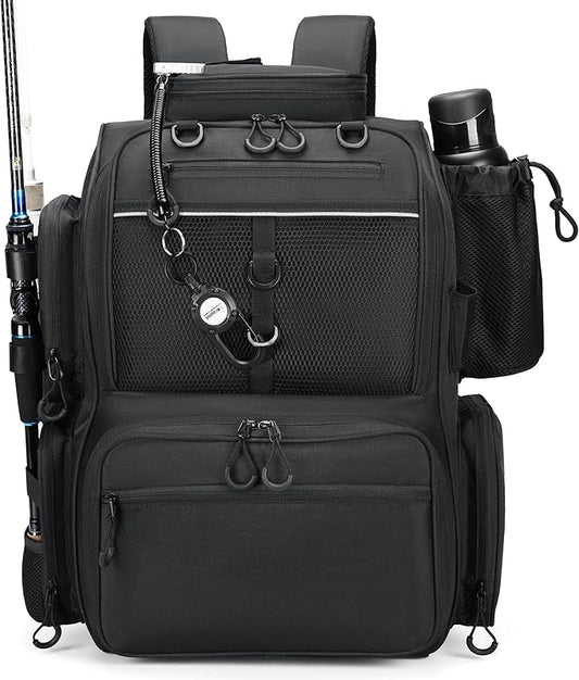 Rabjen Fishing Tackle Backpack with Rod Holders, Bottle Holder, Storage Bag Store Fishing Gear