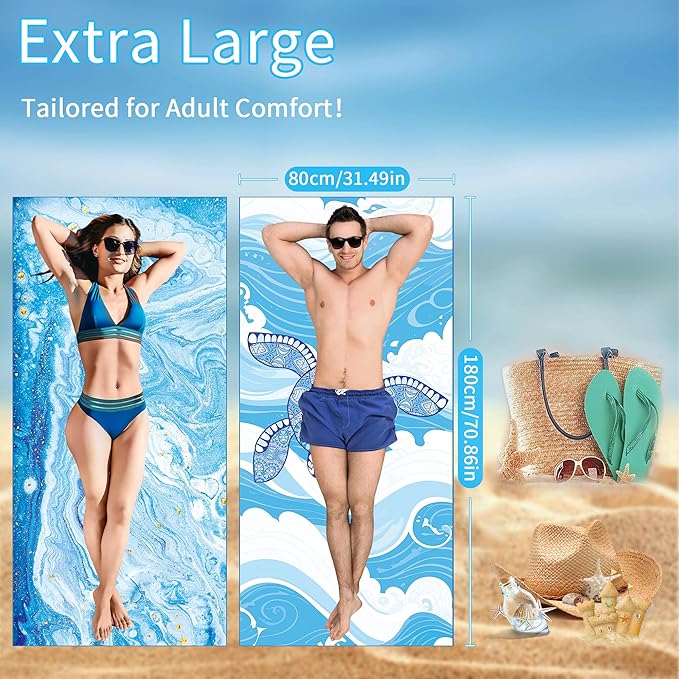 FISHEAL Sand Free Beach Towel Set - 2 Pack Microfiber Extra Large Oversized 71"x32" Absorbent Lightweight Towels Thin Fast Drying Vacation Cruise Swim Pool Necessities Must Haves