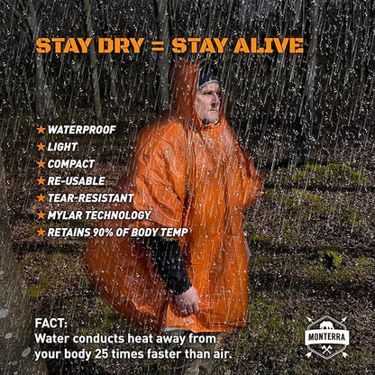 Emergency Survival Poncho. 2 Thermal Mylar Space Blanket Rain Ponchos. Camping Accessories, Outdoor Survival Gear.