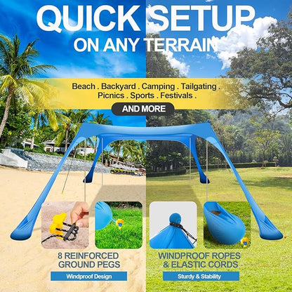 Buheco Beach Tent Pop Up Shade 7x7.5ft Beach Canopy Sun Shelter UPF50+ with 4 Foldable Poles-Portable Carrying Bag-Sand Shovel-Ground Pegs-Windproof Ropes for Outdoor Family Camping-Fishing-Picnic