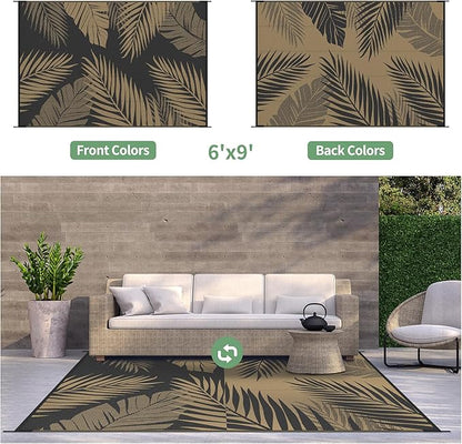 GENIMO Outdoor Rug 6' x 9' Waterproof for Patios Clearance, Reversible Outdoor Plastic Straw Camping Rug Carpet, Large Area Rugs Mats for RV, Camper, Deck, Balcony, Porch, Beach, Picnic, Black&Brown