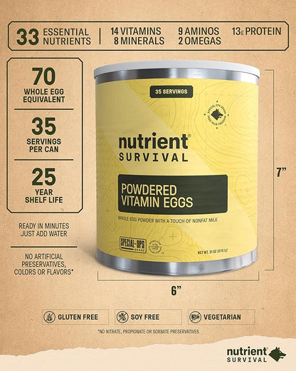 Nutrient Survival Vitamin Powdered Eggs Blend, Freeze Dried Prepper Supplies & Emergency Food Supply, 33 Essential Nutrients, Gluten Free, Shelf Stable Up to 25 Years, One Can, 70 Egg Equivalent