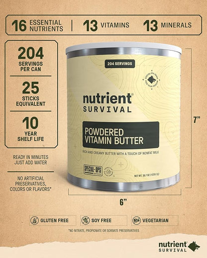 Nutrient Survival Vitamin Butter Powder, Freeze Dried Prepper Supplies & Emergency Food Supply, 16 Essential Nutrients, Soy & Gluten Free, Shelf Stable Up to 10 Years, One Can, 204 Servings