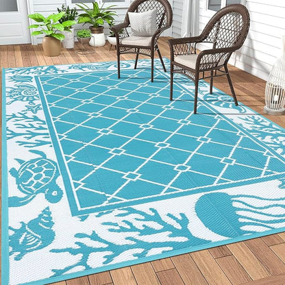 Vaukki Reversible Rugs, Plastic Straw Outdoor Doormat, Fade Resistant Plastic Outdoor Patio Mat, Lightweight Ocean Area Carpet for Patio, RV, Camping, Beach, Deck, Backyard and Picnic (Teal, 5'x8')