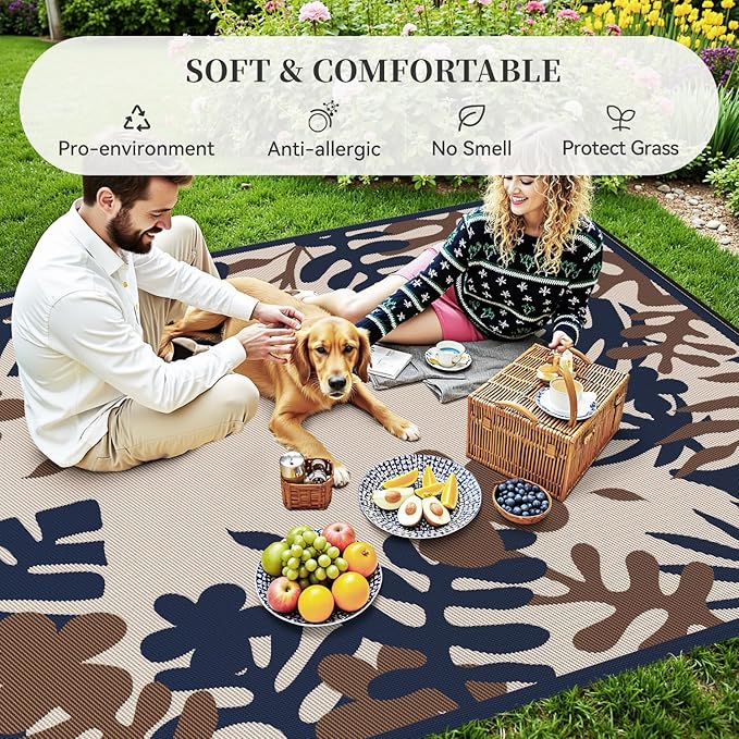 MontVoo Outdoor Rug Waterproof 5x8 ft RV Outdoor Rug for Camping Picnic Mat Outdoor Patio Rug Carpet Plastic Straw Reversible Floral Navy Orange