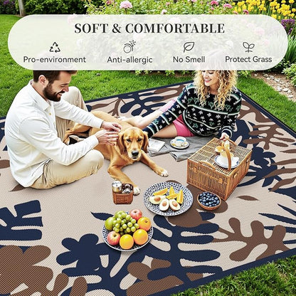 MontVoo Outdoor Rug Waterproof 5x8 ft RV Outdoor Rug for Camping Picnic Mat Outdoor Patio Rug Carpet Plastic Straw Reversible Floral Navy Orange