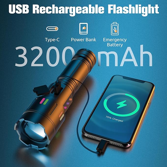 Rechargeable Flashlight, LED 120000 Lumens, Tactical Flashlight with Zoomable, 5 Modes, Power Indicator, IPX7 Waterproof, Super Bright Flashlight for Camping, Hiking, Emergency, Home