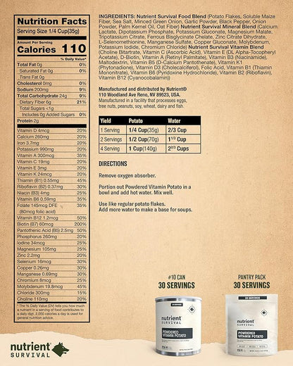 Nutrient Survival Potato Flakes, Powdered Vitamin Potato (30 Servings) for Mashed Potatoes, Soups, Emergency Food Supply & Camping Supplies, 38 Nutrients, Shelf Stable Up to 25 Years, One Can