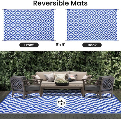 Smiry Waterproof Outdoor Rug 6x9 ft, Reversible Plastic Straw Patio Camping Rugs, Outdoor Indoor RV Mat Carpet for Patio, Outside Entry, Backyard, Deck, Bench, Picnic, Camper, White & Blue