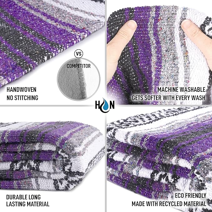 Authentic Extra Large Mexican Blanket (70"x50") - Handwoven Yoga Blanket, Serape Blanket - Artisanal Falsa Blanket, Beach Blanket, Camping Blanket, Picnic Blanket, Outdoor Blanket (Purple)