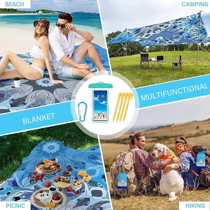 BYDOLL Beach Blanket Sandproof Waterproof 78''×81'' 1-4 Adults Compact Lightweight Oversized Beach Blanket Large Picnic Mat Beach Blanket for Travel Camping Hiking Picnic