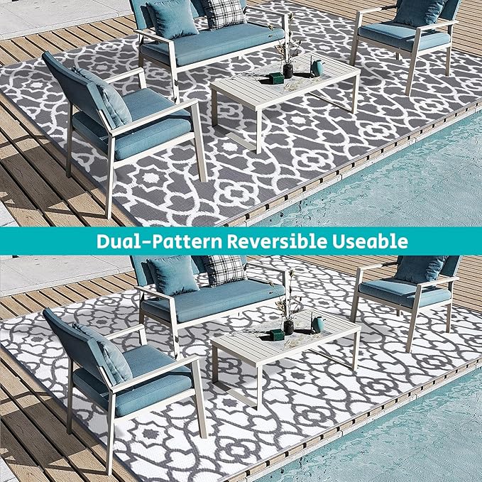 HEBE Outdoor Rug 9'x12' for Patios Waterproof Clearance Reversible Patio Mat Plastic Straw Rug RV Camping Mat Outside Area Rug Carpet for Camping RV,Porch,Deck,Balcony,Camper,Backyard
