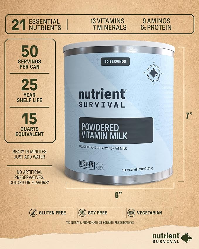 Nutrient Survival Vitamin Powdered Milk, Freeze Dried Prepper Supplies & Emergency Food Supply, 21 Essential Nutrients, Soy & Gluten Free, Shelf Stable Up to 25 Years, One Can, 60 Servings
