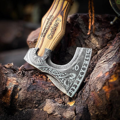 13" Custom Handmade Carbon Steel Viking Axe Real Hatchet, Norse Viking Axe, Throwing Axe, Best Gift for him, Leather Wrapped Handle and Leather Sheath (Valknut Axe)