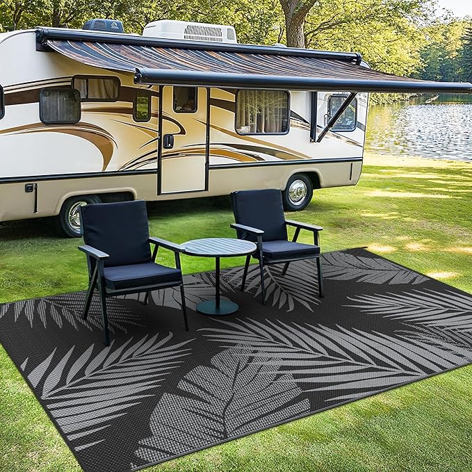 Outdoor Rug 8' x 10' for Patio Waterproof Clearance, Reversible Indoor Outdoor Plastic Straw Camping Rug Carpet, RV Mat, Large Area Rug for Deck, Backyard, Balcony, Porch, Beach, Black and Grey