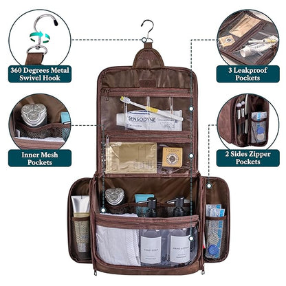 PAVILIA Large Hanging Toiletry Bag Travel Bag Women Men, PU Leather Cosmetic Organizer, Water Resistant Makeup Bag Accessories Toiletries, Travel Essentials Kit, Brown