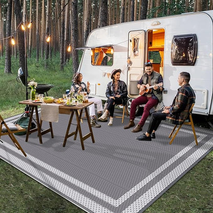 HappyTrends,Outdoor Rug,Patio Rug,Reversible Portable Plastic Straw Rug,Camping Rugs for Outside RV,Large Waterproof Area Rugs for Patio,Deck,Picnic,Porch,Balcony(6'x 9',White&Gray)