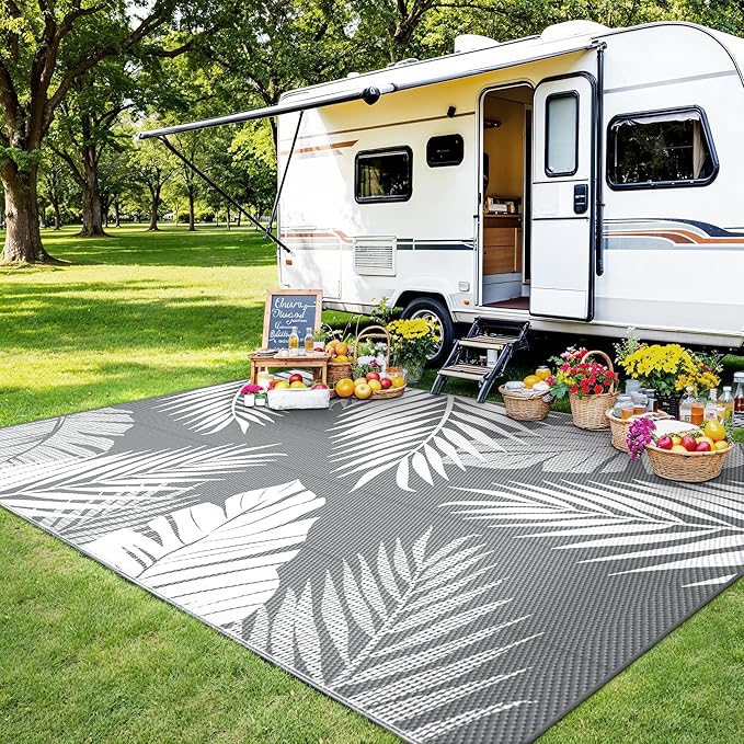 Outdoor Rug 9' x 12' for Patio Waterproof Clearance, Reversible Indoor Outdoor Plastic Straw Camping Rug Carpet, RV Mat, Large Area Rug for Deck, Backyard, Balcony, Porch, Beach,Grey and White