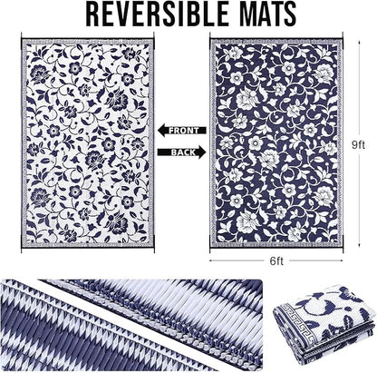 OLANLY Waterproof Outdoor Rug 6x9 ft, Outdoor Plastic Straw Rug with Flower Pattern, Reversible RV Mat for Patio, Camping, Balcony, Deck, Backyard, Navy & White