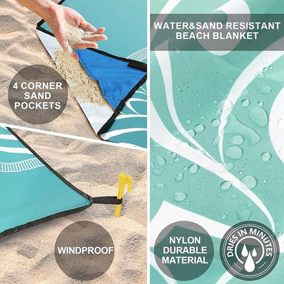 Beach Blanket, Wateresistant Sandproof Sand Free Beach Mat with Corner Pockets Portable Bag for Beach Festival,Picnic,Travel and Outdoor Camping Activties (Mandarin-Green,79"×83"(4 Person))