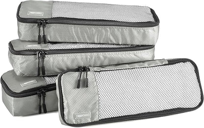 Amazon Basics Slim Packing Cubes for Travel, Packing Organizers, 4-Piece-Set With Double Zipper Pulls and Mesh Top Panel, 100% Durable Polyester, Gray, 14"L x 5"W x 3"H