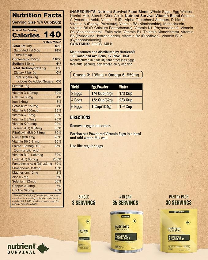 Nutrient Survival Vitamin Powdered Eggs Blend, Freeze Dried Prepper Supplies & Emergency Food Supply, 33 Essential Nutrients, Gluten Free, Shelf Stable Up to 25 Years, One Can, 70 Egg Equivalent