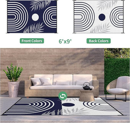 GENIMO Outdoor Rug 6' x 9' Waterproof for Patio Clearance, Reversible Lightweight Plastic Straw Camping Carpet, Large Area Rugs Mats for Rv, Backyard, Deck, Porch, Picnic, Balcony, Mix-Blue & White