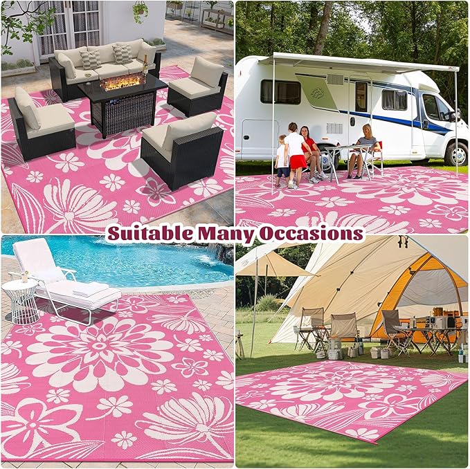 Ileading Outdoor Plastic Straw Rug 8x10ft Funny Floral Style Reversible Patio Area Rugs Waterproof Non Shedding Portable Carpets for Rv Outside Deck Pool Beach Picnic Camping (Pink)
