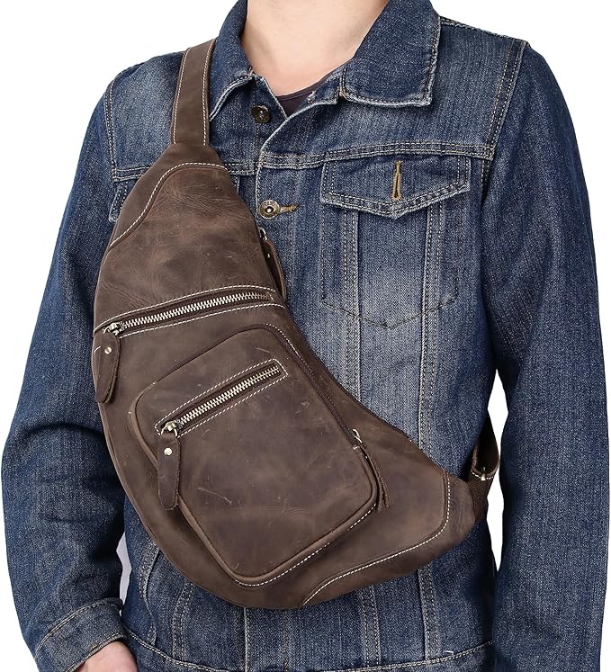 KPYWZER Full Grain Genuine Leather Sling Bag for Men Women Shoulder Backpack Satchel Crossbody Chest Casual Outdoor Daypack Deep Brown