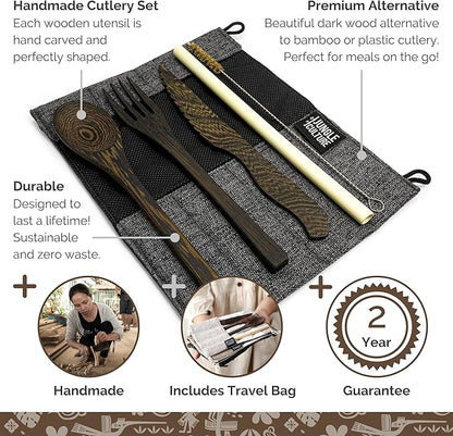 Jungle Culture® Premium Wooden Travel Utensils • Knife, Fork, Spoon, Straw, Case • Eco Friendly Alternative to Bamboo Cutlery • Coconut Bowls Zero Waste Reusable Flatware • Portable Camping Picnic Set