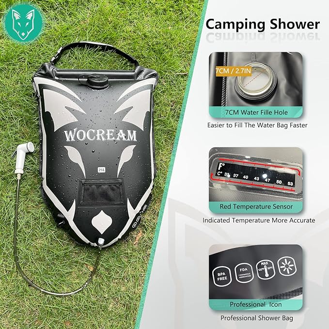 Camping Portable Solar Shower Bag, 25L, with On/Off Shower Head, for Camping, Beach Swimming, Outdoor Traveling, Camping Accessories