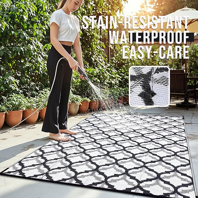 OLANLY Reversible Outdoor Rug 8x10 ft Clearance, Waterproof Outdoor Plastic Straw Rug with Interlacing Pattern, RV Mat for Patio, Camping, Balcony, Deck, Backyard, Black & White