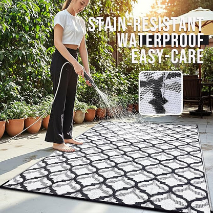 OLANLY Reversible Outdoor Rug 8x10 ft Clearance, Waterproof Outdoor Plastic Straw Rug with Interlacing Pattern, RV Mat for Patio, Camping, Balcony, Deck, Backyard, Black & White