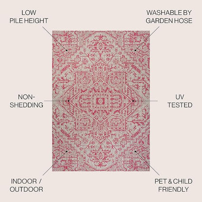 JONATHAN Y SMB105F-4 Estrella Bohemian Medallion Textured Weave Indoor Outdoor Area-Rug, Coastal Traditional Easy-Cleaning,Bedroom,Kitchen,Backyard,Patio,Non Shedding, 4 X 6, Light Gray/Fuchsia