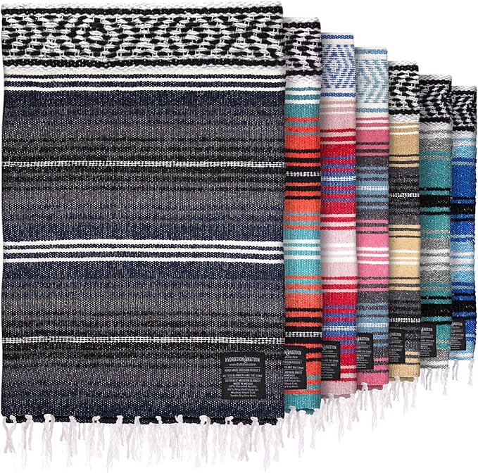 Authentic Large Handwoven Mexican Blanket - Soft Yoga Blanket - Durable Serape Blanket - Lightweight Falsa Blanket, Beach Blanket, Camping Blanket, Picnic Blanket, Outdoor Blanket 70"x50" - Blue Haze