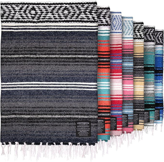 Authentic Large Handwoven Mexican Blanket - Soft Yoga Blanket - Durable Serape Blanket - Lightweight Falsa Blanket, Beach Blanket, Camping Blanket, Picnic Blanket, Outdoor Blanket 70"x50" - Blue Haze