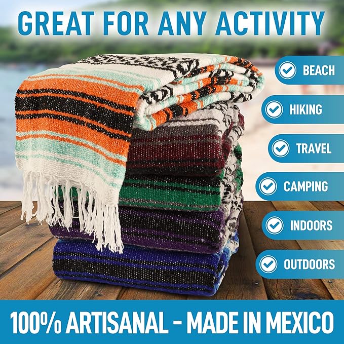 Authentic Extra Large Mexican Blanket (70"x50") - Handwoven Yoga Blanket, Serape Blanket - Artisanal Falsa Blanket, Beach Blanket, Camping Blanket, Picnic Blanket, Outdoor Blanket (King Blue)