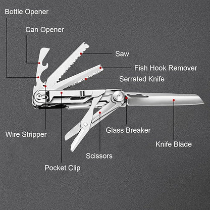 9-in-1 Multi Tool, Pocket Knife, Multitool Folding Knife for Camping Hiking Survival Fishing, Stainless Steel Lockable Multitool Knife Saw Scissors Bottle Opener Wire Stripper Glass Breaker