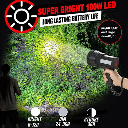 BIGSUN Rechargeable Spotlight, High Lumens 1000,000 LED Flashlight with Multi-Purpose Floodlamp, Built-in 10800mAh Battery Pack, Outdoor Handheld spot Light, for Farm, Hunting Camping, Car, Boat