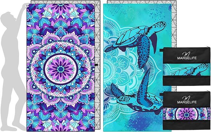 Microfiber Beach Towel – Quick Dry Lightweight Sand Free Oversized Large Towel Accessories Swim Pool Yoga Camping Summer Cruise Ship Essentials Compact Sandproof Gift (Purple Mandala Turtle,71" 32")