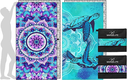 Microfiber Beach Towel – Quick Dry Lightweight Sand Free Oversized Large Towel Accessories Swim Pool Yoga Camping Summer Cruise Ship Essentials Compact Sandproof Gift (Purple Mandala Turtle,71" 32")