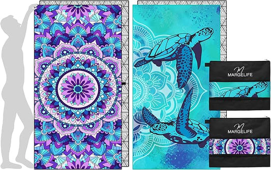 Microfiber Beach Towel – Quick Dry Lightweight Sand Free Oversized Large Towel Accessories Swim Pool Yoga Camping Summer Cruise Ship Essentials Compact Sandproof Gift (Purple Mandala Turtle,71" 32")