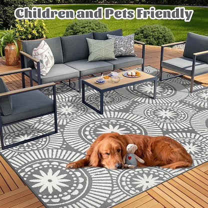 Ileading Outdoor Plastic Straw Rug 8x10ft Modern Geometric Style Reversible Patio Area Rugs Waterproof Non Shedding Portable Carpets for Rv Outside Deck Pool Beach Picnic Camping (Grey)