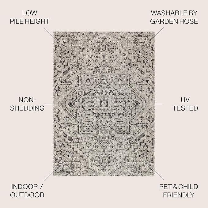 JONATHAN Y SMB105D-3R Estrella Bohemian Medallion Textured Weave Black/Gray 3' Round Indoor/Outdoor Area Rug, Pet Friendly, Non-Shedding, Stain Resistant, Easy-Cleaning for Backyard, Patio, Porch